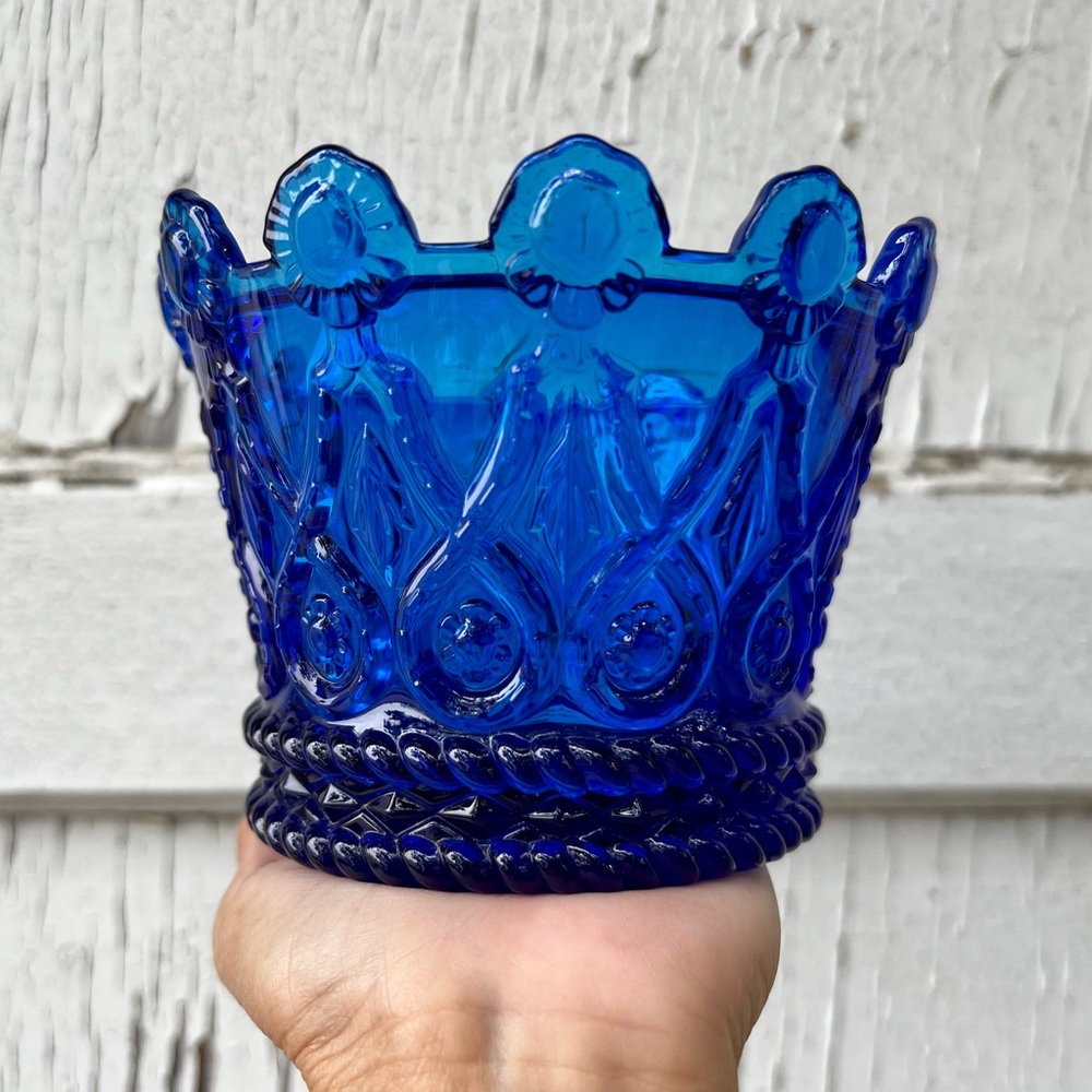 Vintage Blue Glass Crown Vase Trinket Holder